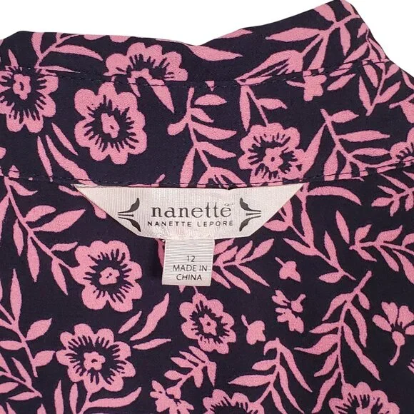 Nanette Lepore 12 Dress Floral Cottage Prairie Fit Flare Button Front Navy Pink - Picture 4 of 12